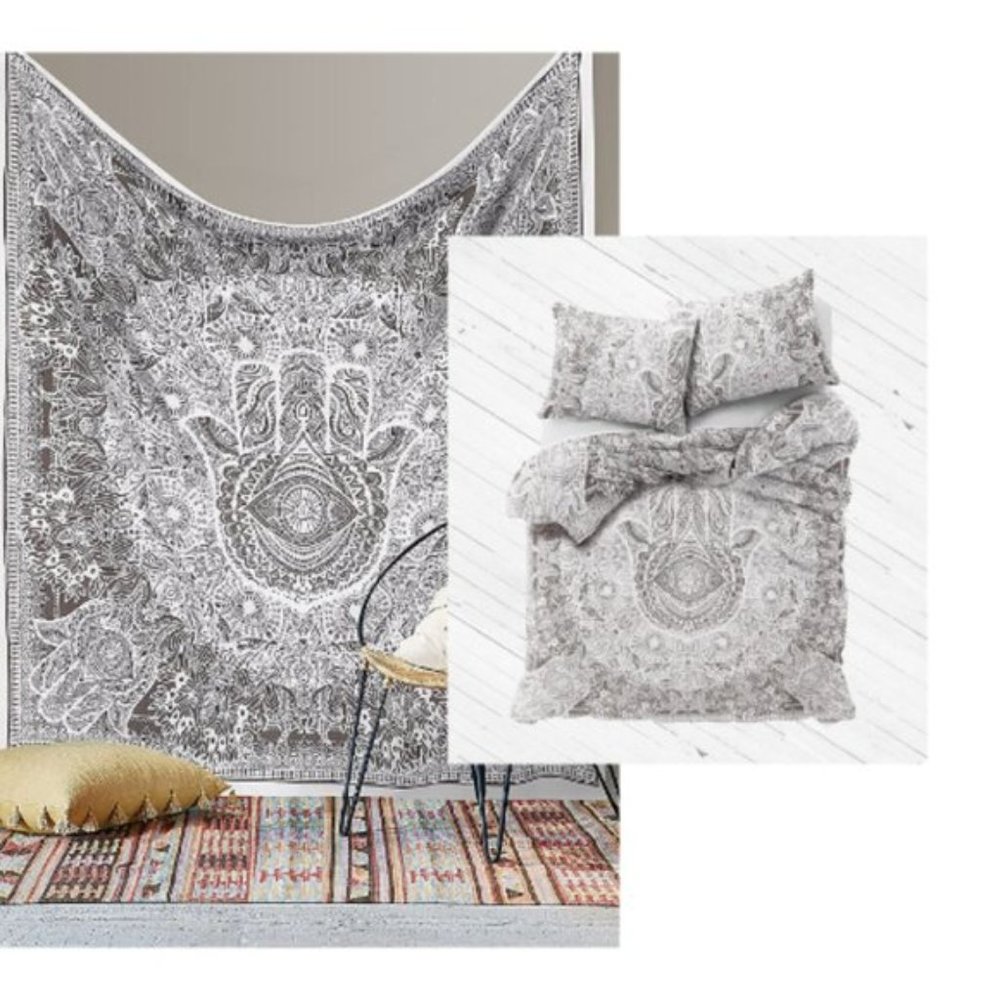 Full/Queen HAMSA Grey White Tapestry Wall Hanging Bedding Bohemian Boho Style